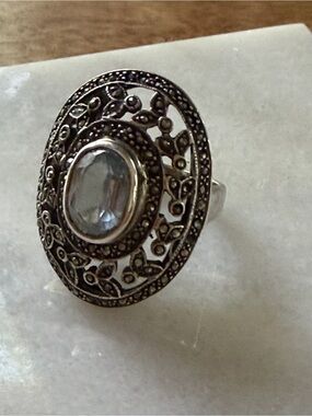 Sterling Silver Oval Ring with Blue Topaz Center Stone Size 7.5